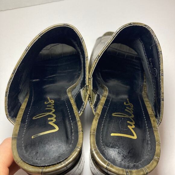 Lulus Croc Pattern Peep Toe Block Heel Mules Womens 7.5 Olive Green Faux Leather - Picture 9 of 10